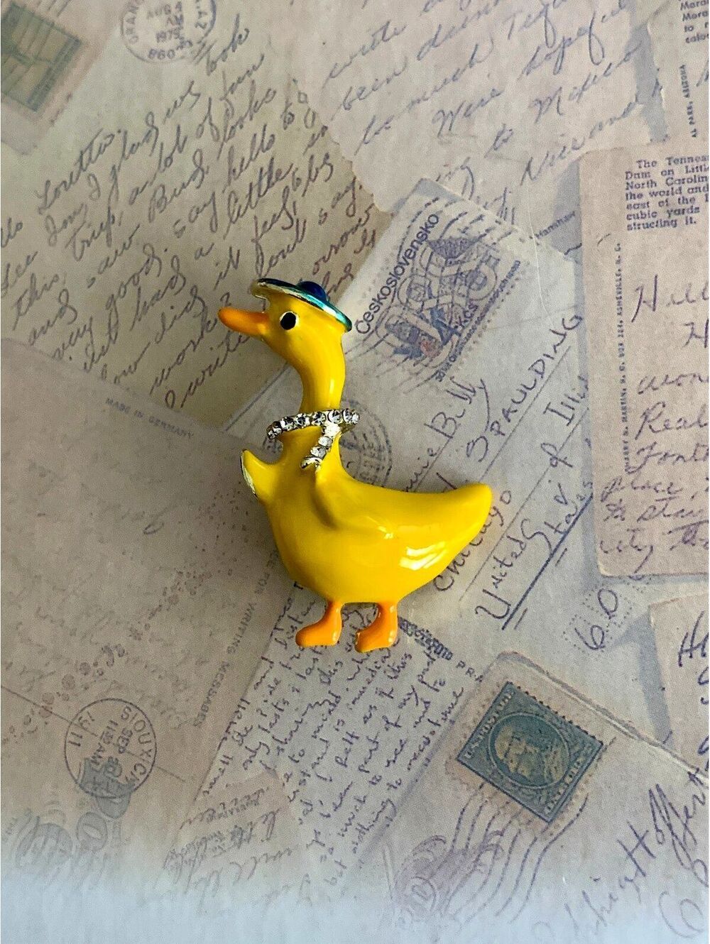 Cute Yellow Duck Brooch with Rhinestone Scarf and Blue Hat Pin